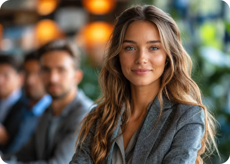 Smiling professional with colleagues blurred behind: a close relationship with the client